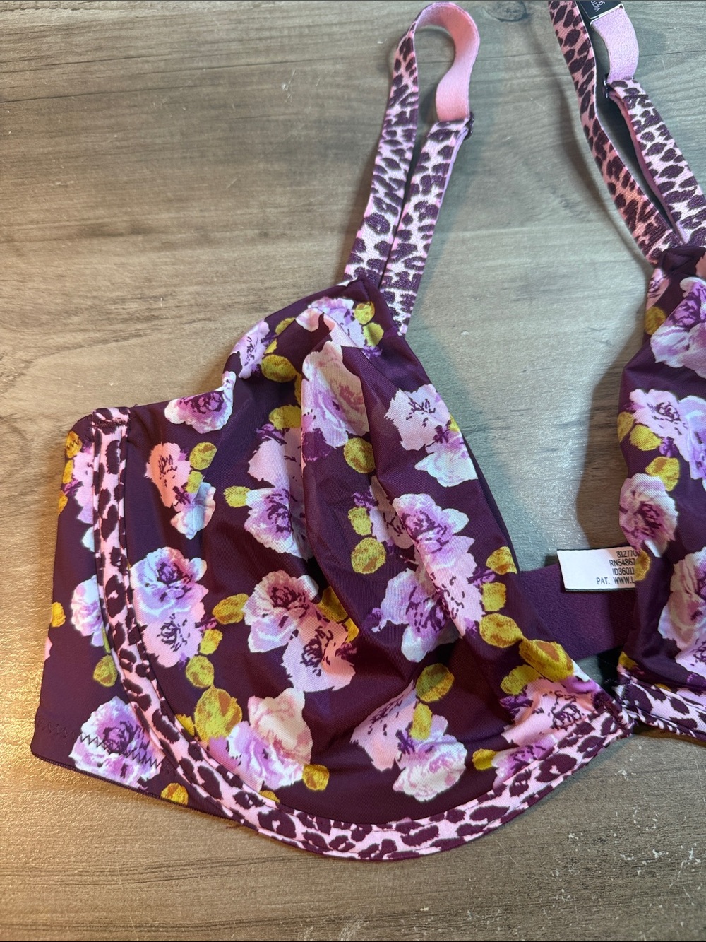 Victoria's Secret Plum Floral Underwire Bra with Leopard-Print Straps 36D